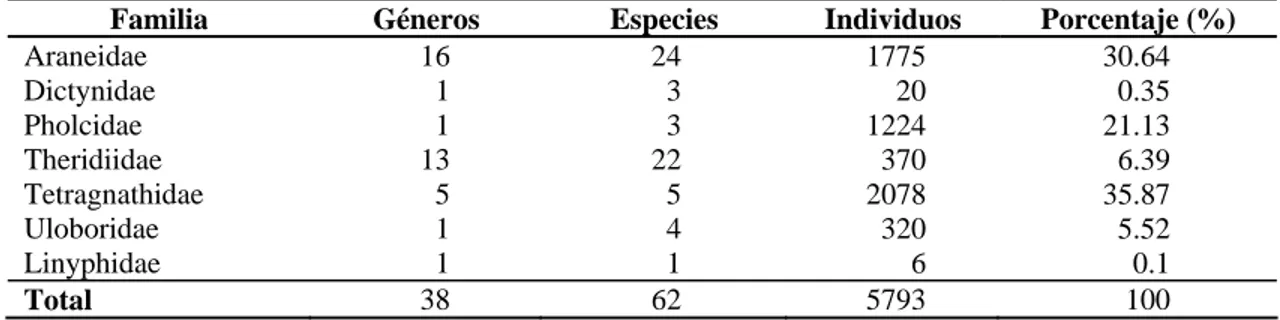 Tabla 2. Composición de las arañas tejedoras en el agroecosistema cacao en Teapa, Tabasco