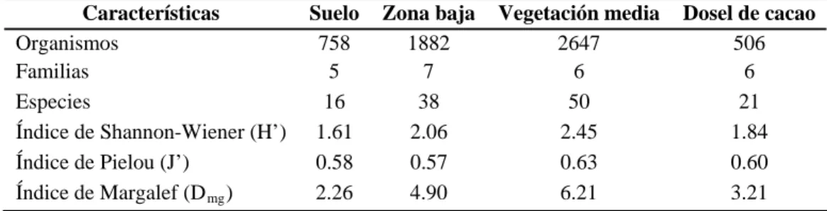 Tabla 4. Valores de los índices de diversidad en los cuatro microhábitat del agroecosistema cacao