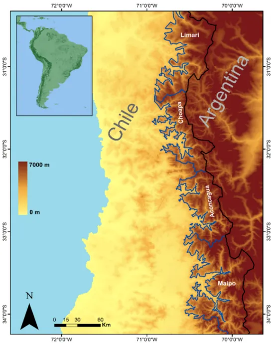 Fig. 1   Basins and elevation  map of the Central Andes  mountains. Blue line represents  the area over 2000 m a.s.l