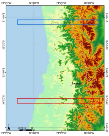 Fig. 6   Case study area using WRF-Chem model: blue and red lines  represent latitudinal transept on Limari and Maipo basin for the  days September 28 and 29, 2016