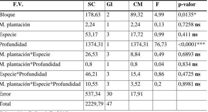 Cuadro 5.  ADEVA  para la compactación  inicial en el suelo a dos profundidades  (0-25 y 25,1-50) cm