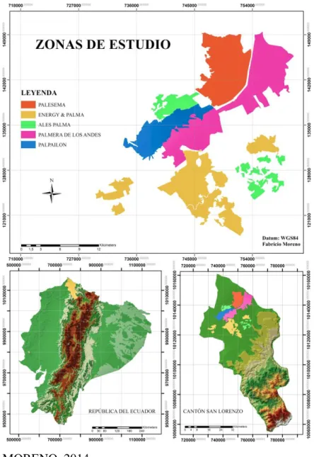 Figura  1.  Ubicación  geográfica  de  las  empresas  palmicultoras  en  el  Cantón  de  San  Lorenzo, Provincia de Esmeraldas