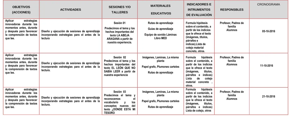 Tabla 12: matriz de plan de acción específico. 