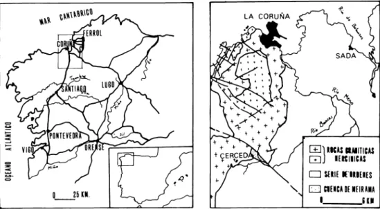 Fig. 1. Situación geográfica y encuadre geológico de la cuenca de Meirama.