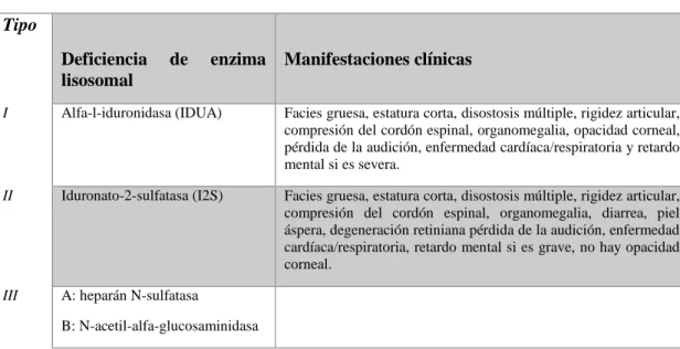 Tabla 2-1: Clasificación de las mucopolisacaridosis  Tipo    