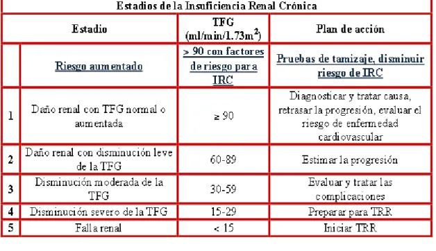 TABLA 1.  Estadios de la insuficiencia Renal Crónica  (5)