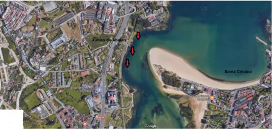 Figura 7. Localización de la zona de pesca en As Xubias (A Coruña).  