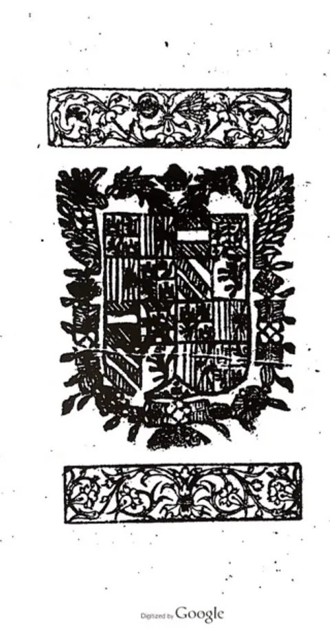 Ilustración 8. Escudo xil. en la  Relación de la solemne entrada… (noticia nº 17)  (Real Biblioteca del Monasterio de San Lorenzo del 