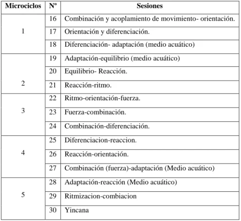 Tabla 11.  5   Microciclos, 15 Sesiones. 