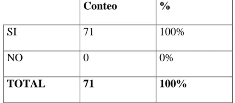 Cuadro 12 : Pregunta Nº6  Conteo  %  SI  71  100%  NO  0  0%  TOTAL  71  100%  Gráfico 9 : Pregunta Nº 6  Análisis: 