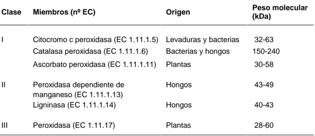 Tabla 1. Clasificación de peroxidasas. Modificado de Hiraga et al. (2001). 