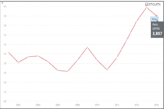 Figura 19. Gasto del PBI en el Perú como porcentaje del PBI 2002-2016. 