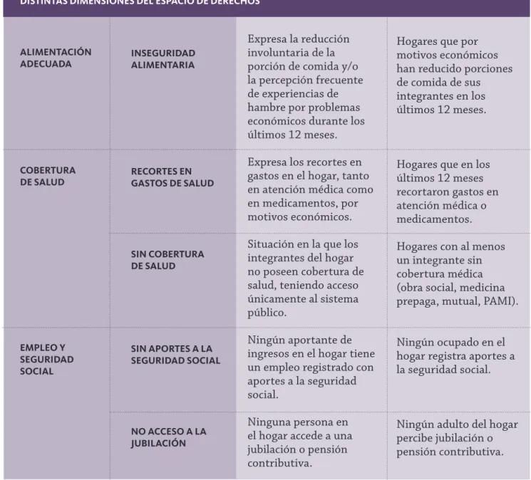 TABLA 2: DEFINICIONES DE INDICADORES Y UMBRALES DE CARENCIAS EN LAS  DISTINTAS DIMENSIONES DEL ESPACIO DE DERECHOS 