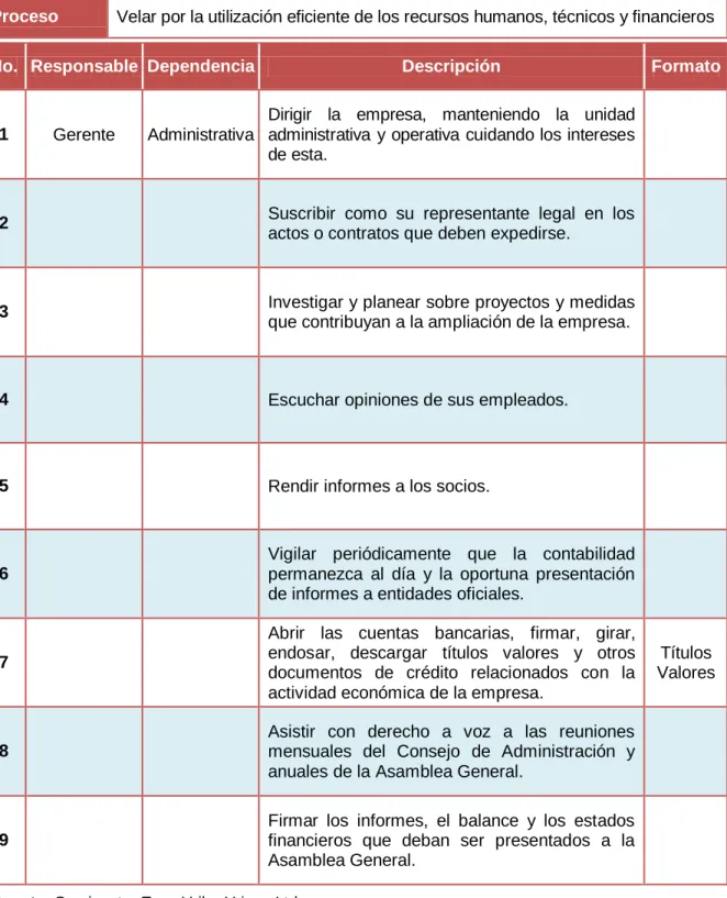 Cuadro 1. Proceso y Procedimientos Actuales del cargo de Gerente 