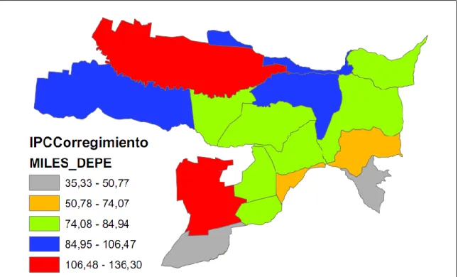 Figura 3. Ingreso per capital por corregimiento en la Cuenca Baja de Amaime. Datos agregados