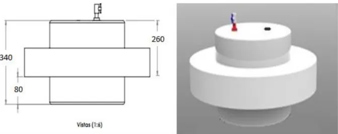 Figura 2. Esquema del sistema de cámara estática flotante (dimensiones en mm). Adaptado de  Gallardo y Nuñez, (2014) 