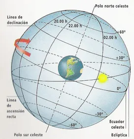 Figura No 4: Esfera celeste y principales líneas para orientarse en ella. (Bela, 2007) 