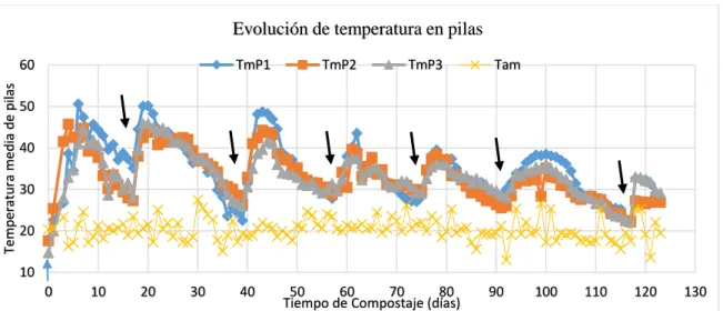 Gráfico 1-3: Evolución de la temperatura en las pilas durante el compostaje   