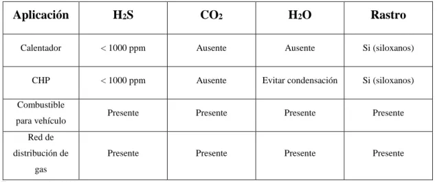 Tabla 4-1. Condiciones del biogás previo a su aplicación 