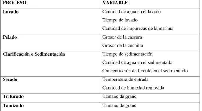 Tabla 2-1: Variables del proceso de producción 