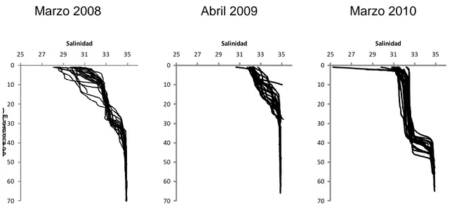 Figura 5. Perfiles verticales de salinidad para los tres periodos evaluados en el  PNN Gorgona