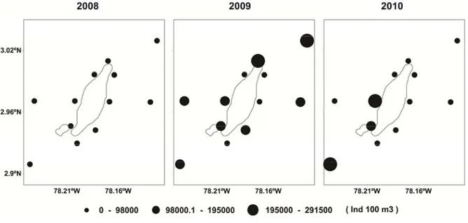 Figura 10. Distribución espacial de la abundancia zooplanctónica (Ind 100 m 3 ) en  Isla Gorgona