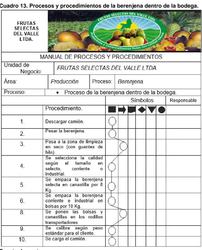 Cuadro 13. Procesos y procedimientos de la berenjena dentro de la bodega. 