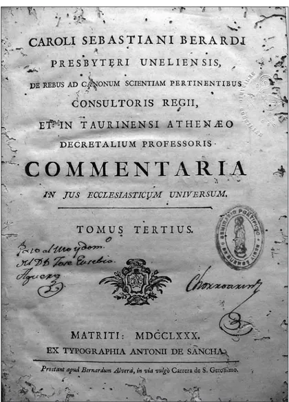 Ilustración Nº 18. Portada de los comentarios al Derecho Canónico   de Carlo Sebastiano Berardi, 1719-1768,  con nota manuscrita que dice:  