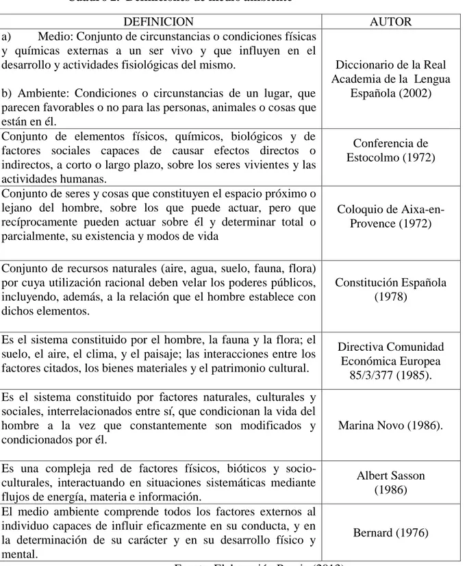 Cuadro 2.  Definiciones de medio ambiente 