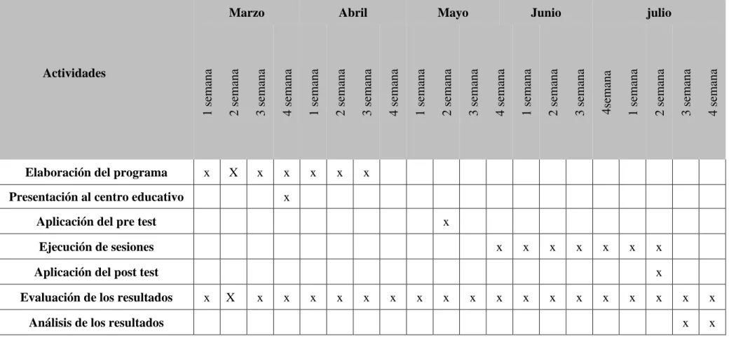 Tabla 10. Cronograma de actividades 