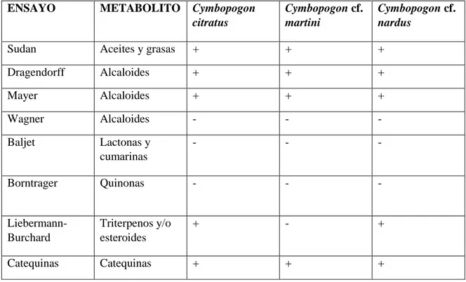 Tabla 2-3: Tamizaje fitoquímico de los extractos de Cymbopogon citratus, Cymbopogon cf