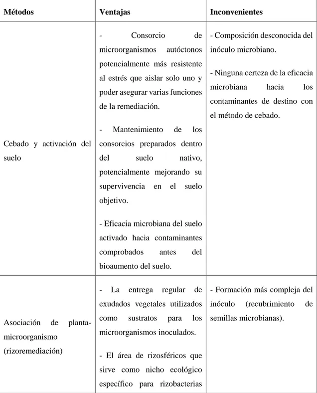 Tabla 1-1 Métodos diferentes para la bioaumentación del suelo y factores a considerar