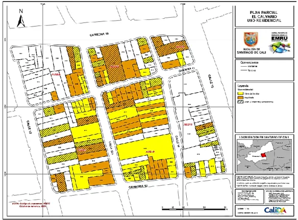 Figura 1. Uso residencial por predios, Plan Parcial El Calvario  Fuente: EMRU (2015) 