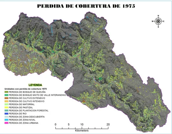 Figura 34.  Mapa de pérdida de cobertura de suelo para el año 1975 Fuente: Elaborado en base a imagen Landsat del año 1975