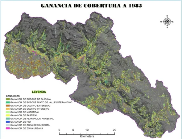 Figura 35.  Mapa de ganancia de cobertura de suelo para el año 1985 Fuente: Elaborado en base a imagen Landsat del año 1985