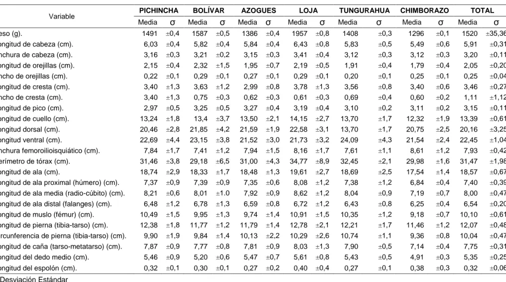 Cuadro 3. PARÁMETROS MORFOLÓGICOS DE GALLINAS DE CAMPO DE LA REGIÓN INTERANDINA DEL ECUADOR