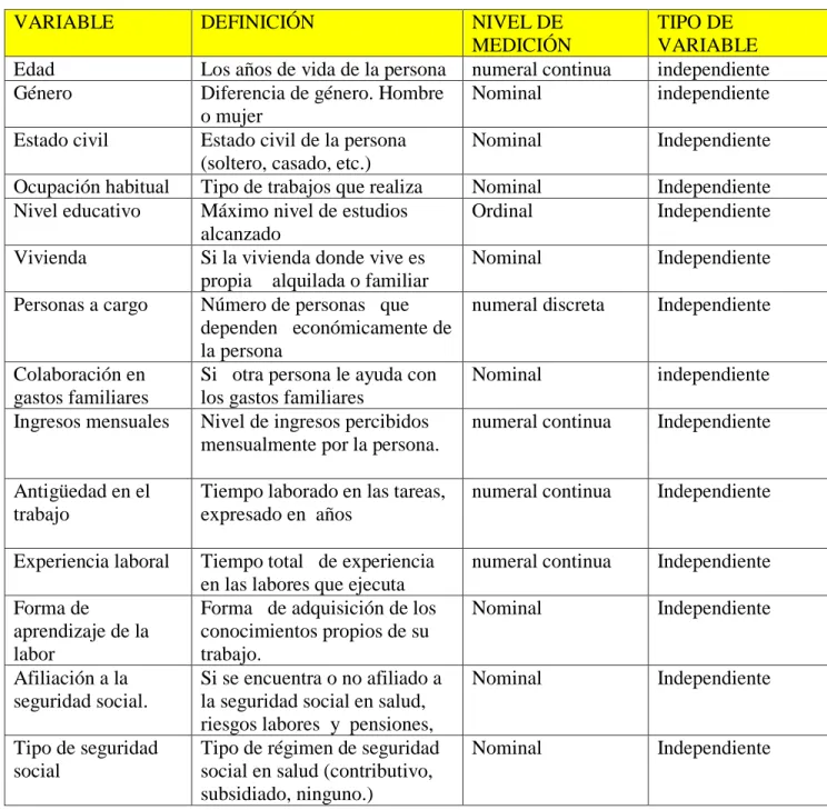 Cuadro 3. Definición de Variables 