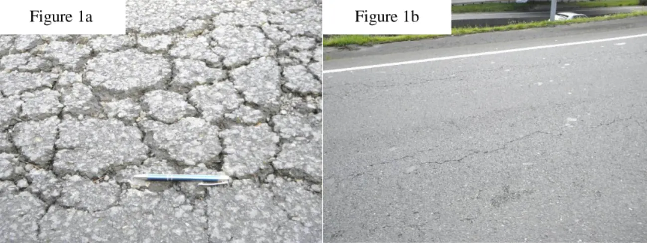 Figure 1. Cracking due to HMA fatigue: a) “Alligator” cracking and b) Longitudinal cracks along  the wheel pad