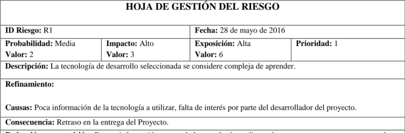 Tabla 10-2: Formato de Hoja de Gestión de Riesgo 