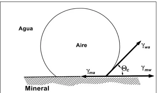 Figura N° 2.1. Representación esquemática del contacto de equilibrio  entre una burbuja y un sólido inmerso en agua 