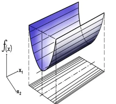 Figura N° 2.7.  Geometría de una función objetivo cuadrática de dos variables  independientes: valle estacionario 