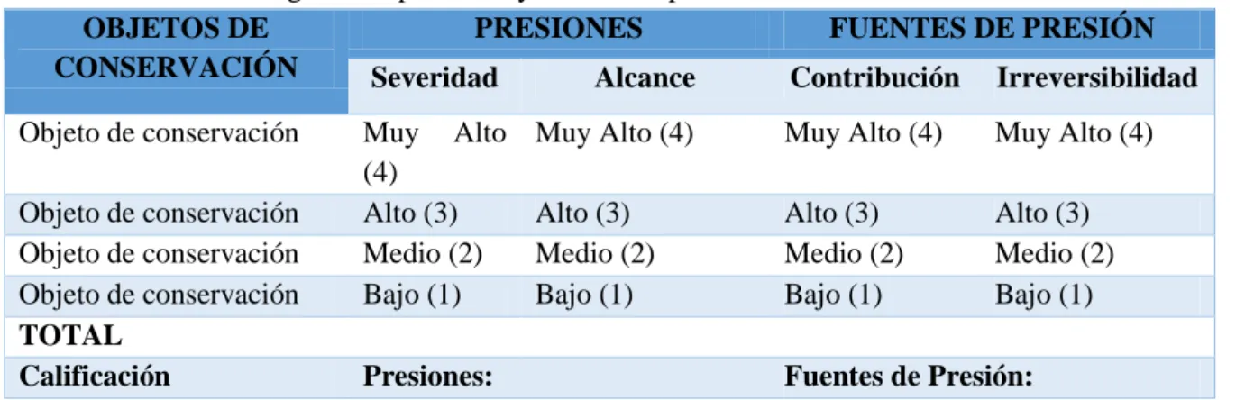Tabla 7. 3. Análisis integrado de presiones y fuentes de presión  OBJETOS DE 
