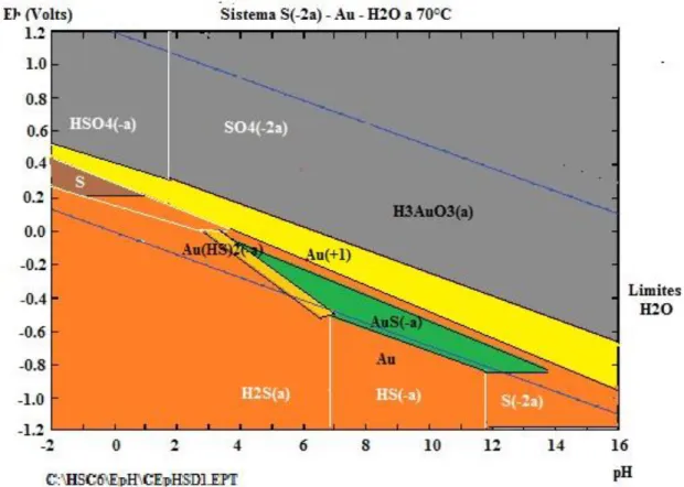 Fig 6: Especies en equilibrio en el diagrama E-pH para el  azufre y el sulfuro alcalino de oro 