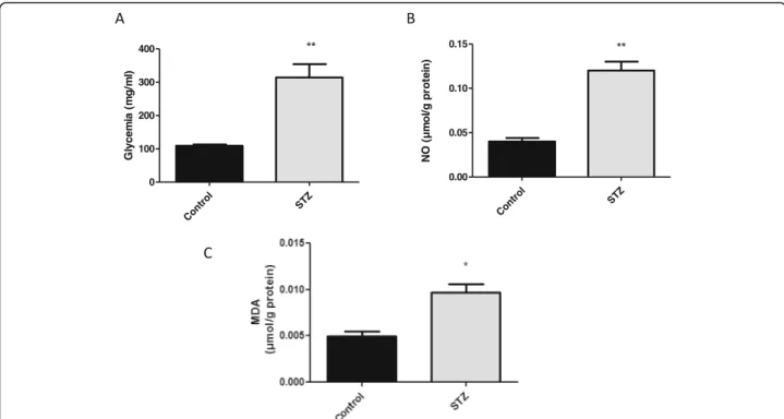 Fig. 2 Effects of streptozotocin upon glycemia (a), serum NO (b) and serum MDA (c). Rats were treated with streptozotocin (STZ) and euthanised on day 10 after treatment