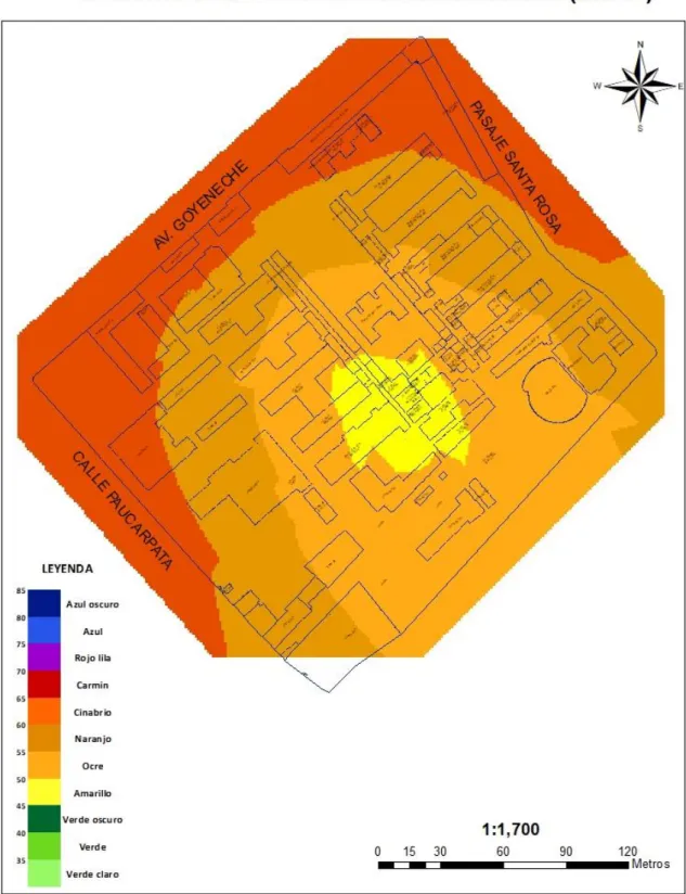 Figura N°17: Mapa de Ruido del Hospital Goyeneche-Fin de Semana- Semana-Horario Diurno (Tarde)