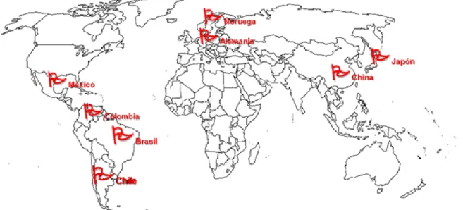 Figure 2. Geographic distribution of world populations where studies have been done on Genotipification of the fimA gene of  Porphyromonas gingivalis.