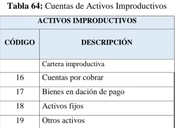 Tabla 64: Cuentas de Activos Improductivos 