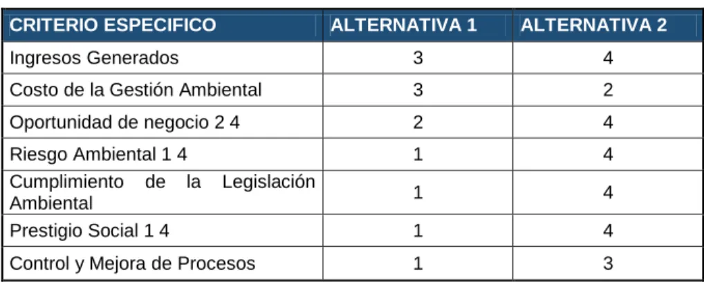 Tabla 10: Valoración de las Alternativas 