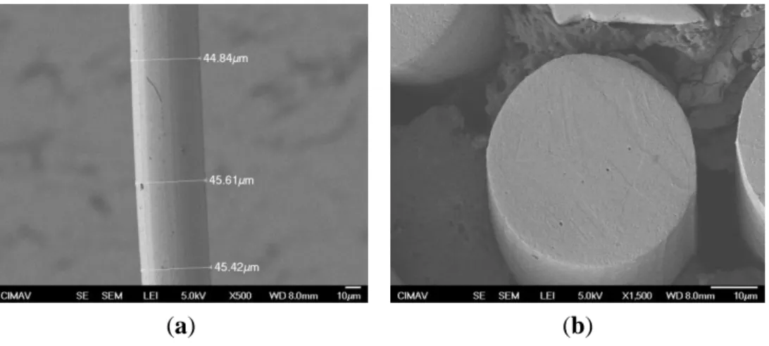 Figure 1 shows SEM micrographs of an as-received 304L stainless steel fiber. Fibers appear smooth  and are approximately circular; a circular cross-section was considered for stress calculation