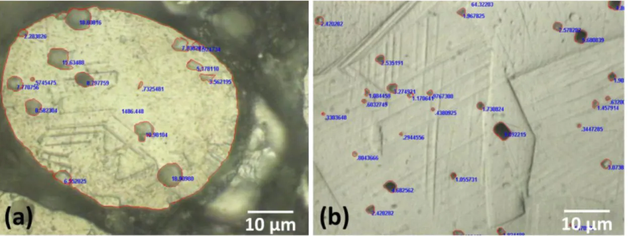 Figure  7.  Optical  microscopy  images  showing  the  measured  diameter  size  of  pores,  represented by open red circles: (a) fiber; and (b) bulk specimens